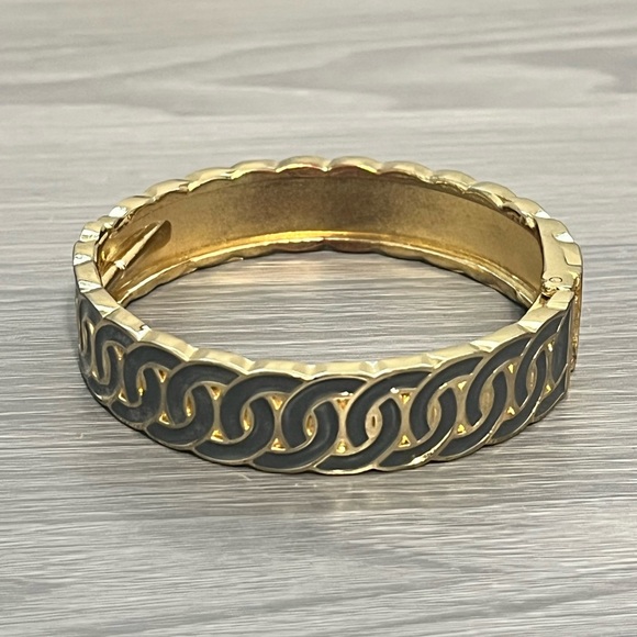 Vintage Gold and Gray Enamel Hinged Bangle Bracelet with Circular Pattern - Picture 2 of 6